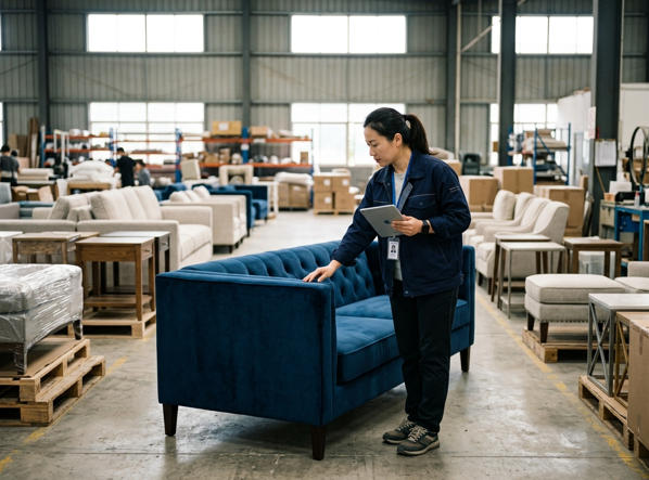 A procurement specialist conducts a final inspection of the luxury sofas in the factory's temporary storage area.